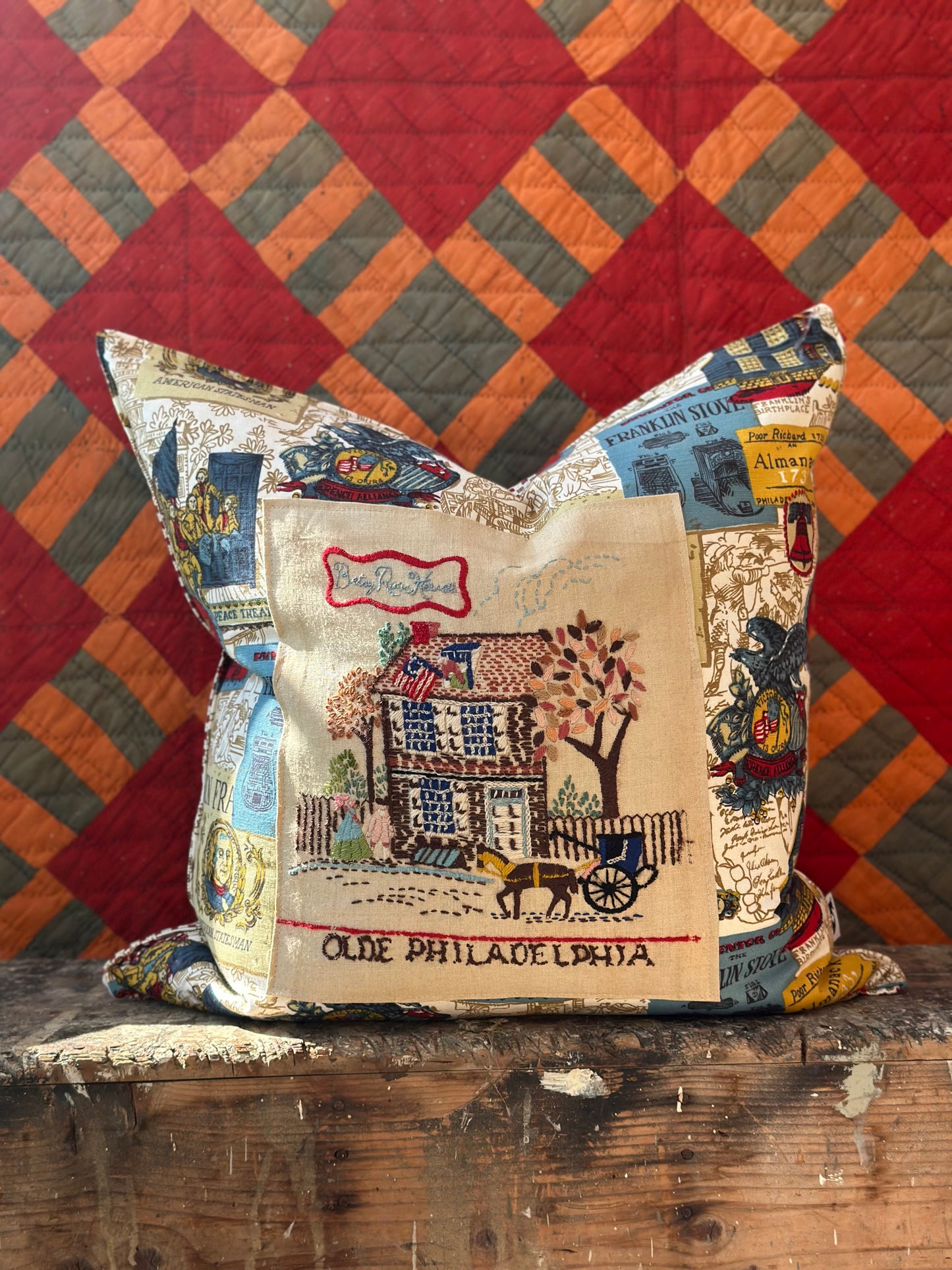 Betsy Ross Embroidered on Feedsack Pillow 24” Down