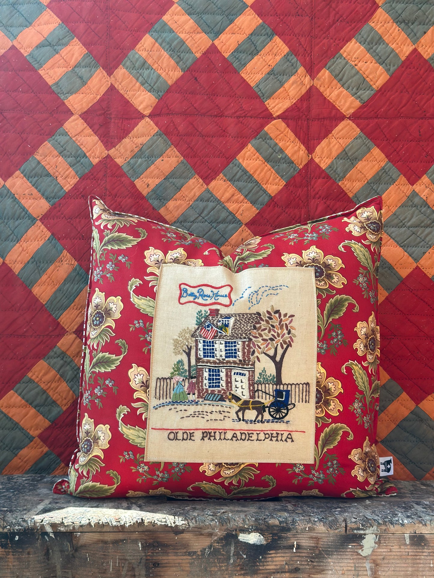 Betsy Ross Embroidered on Feedsack Pillow 24” Down