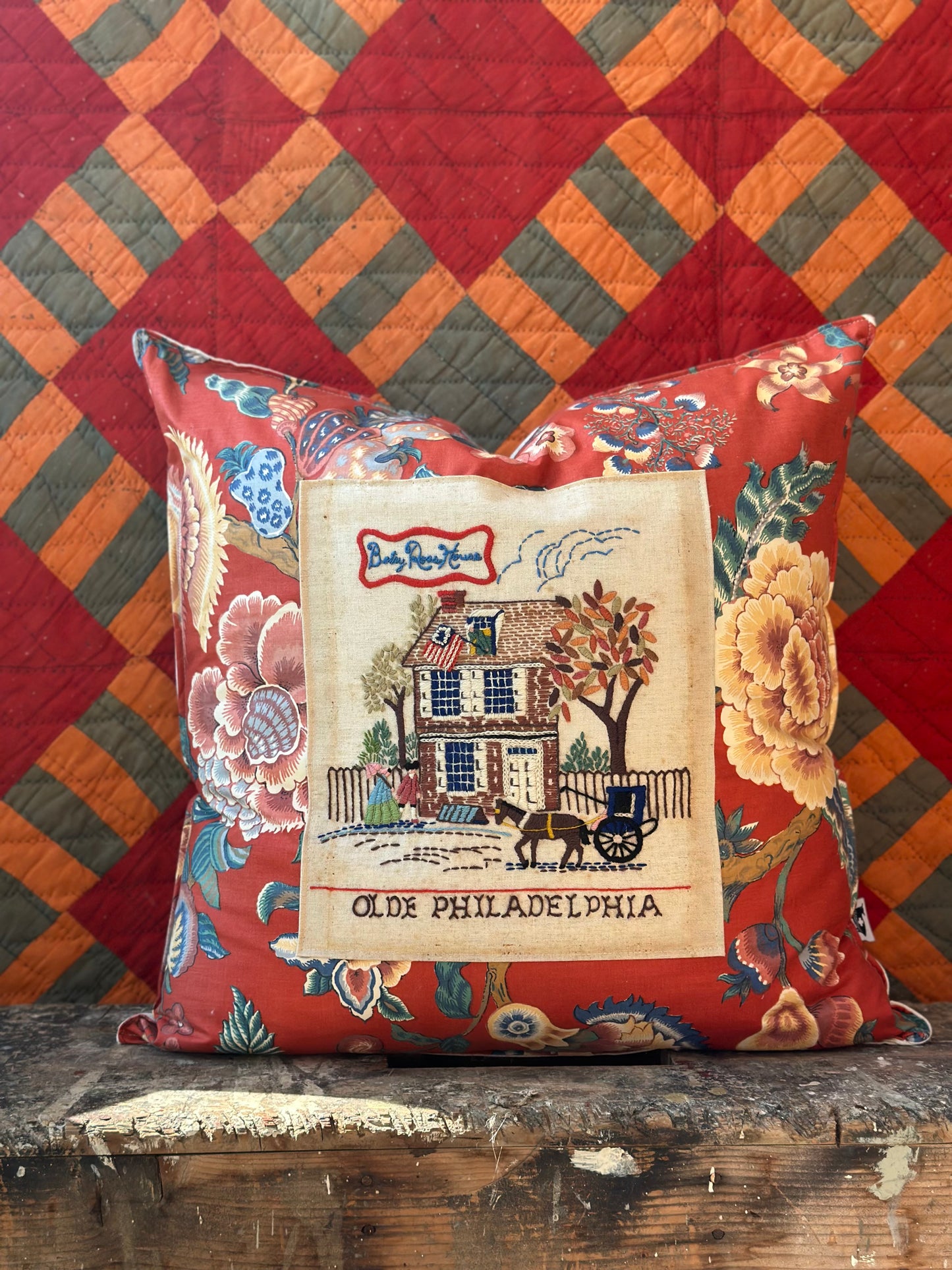 Betsy Ross Embroidered on Feedsack Pillow 24” Down