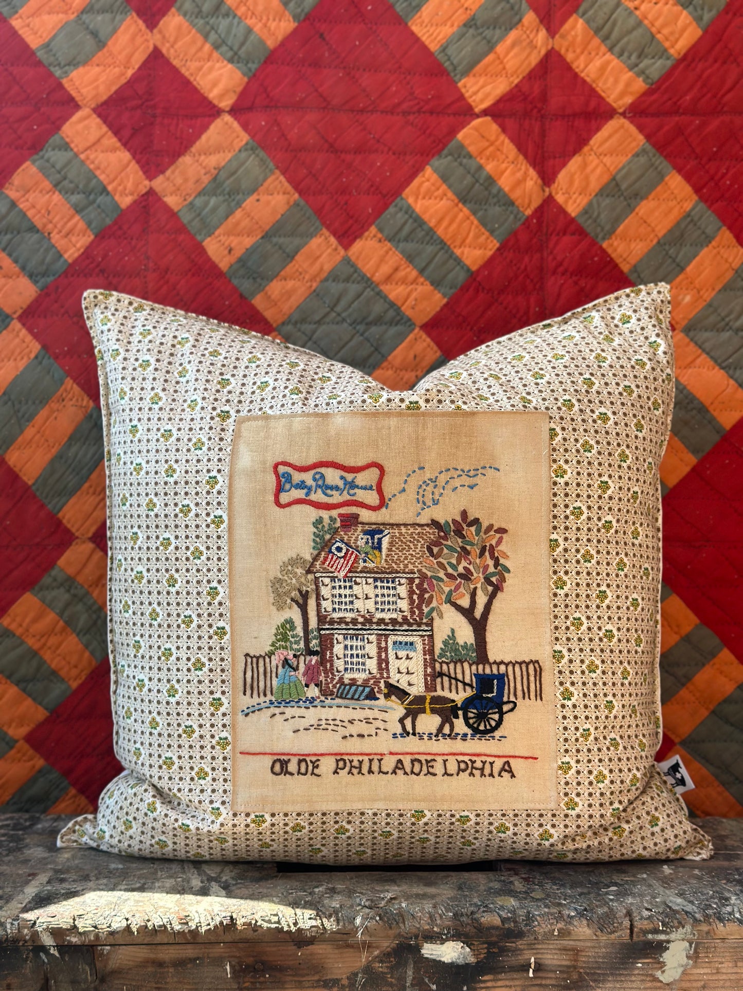 Betsy Ross Embroidered on Feedsack Pillow 24” Down