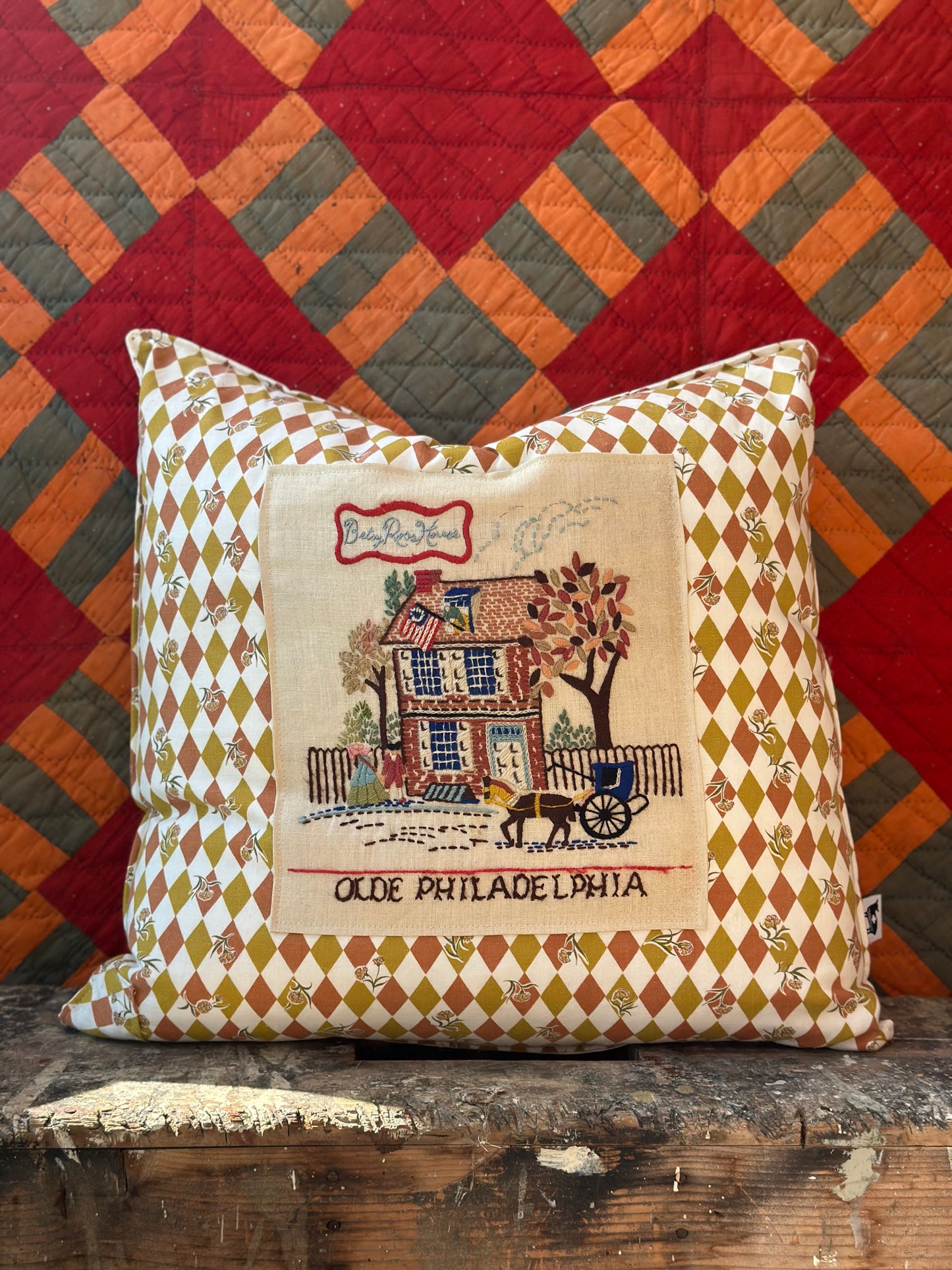Betsy Ross Embroidered on Feedsack Pillow 24” Down