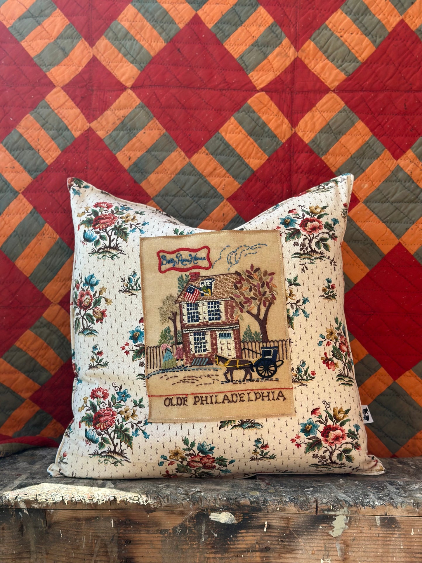 Betsy Ross Embroidered on Feedsack Pillow 24” Down