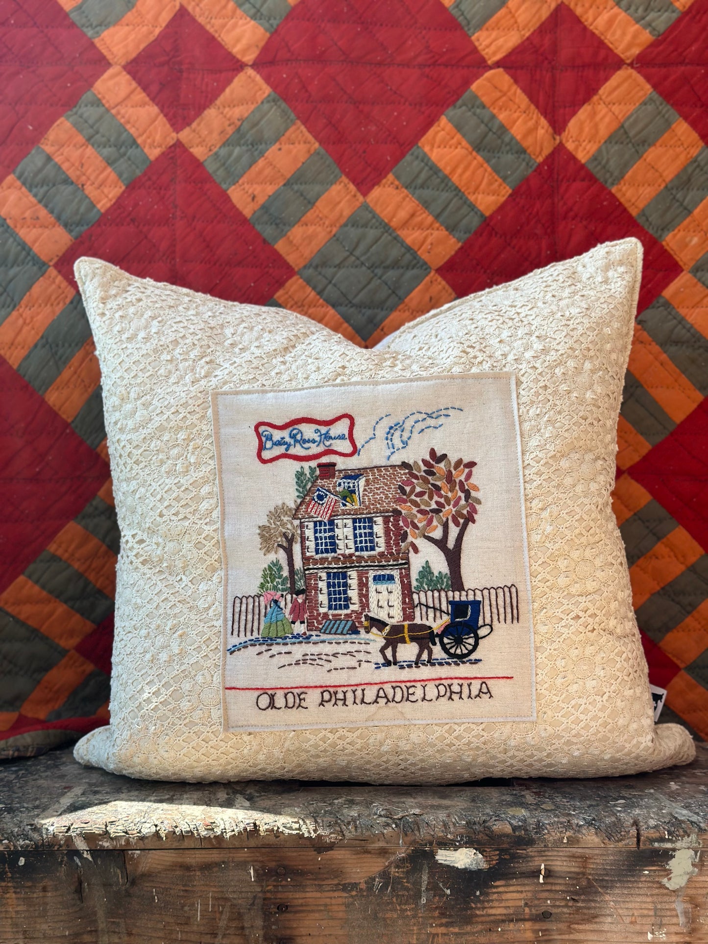 Betsy Ross Embroidered on Feedsack Pillow 24” Down